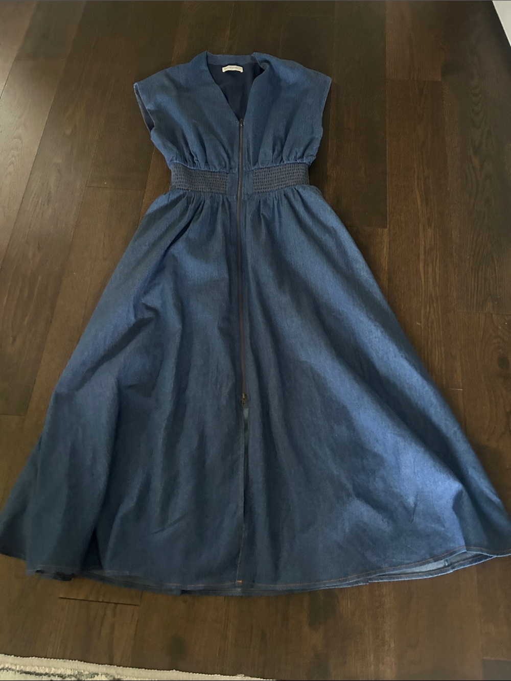 Blue Sleeveless Denim Midi Dress with Smocked Waist